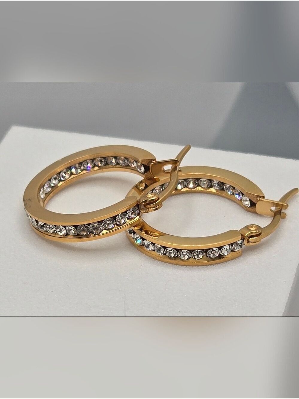 Steeltime 18K Gold Plated Stainless Steel Crystal Hoop Earrings New - Picture 9 of 15
